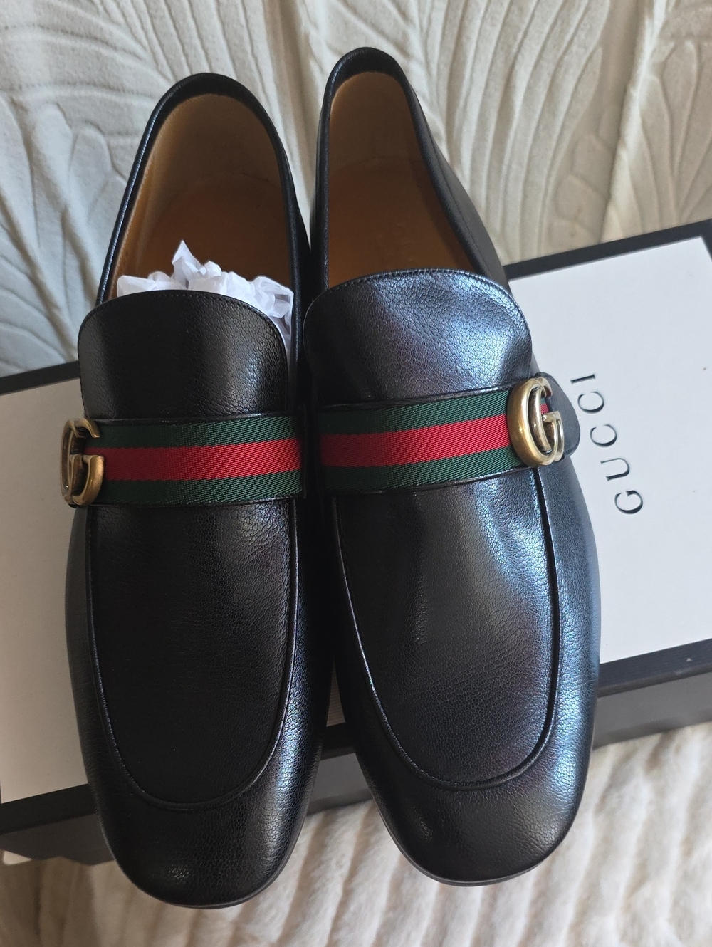 Gucci Black Leather Loafers with Green-Red Web & Gold GG